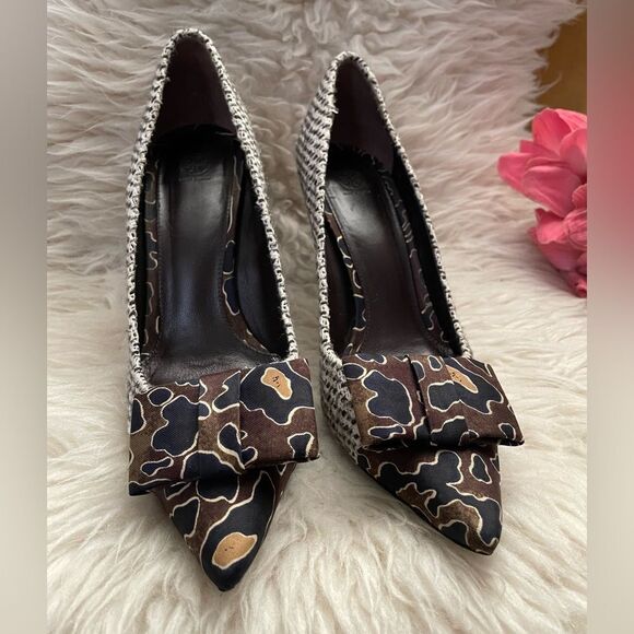 Tory Burch Heels Cleo Tweed Silk Bow Navy Mix Media 8.5 - Picture 3 of 13